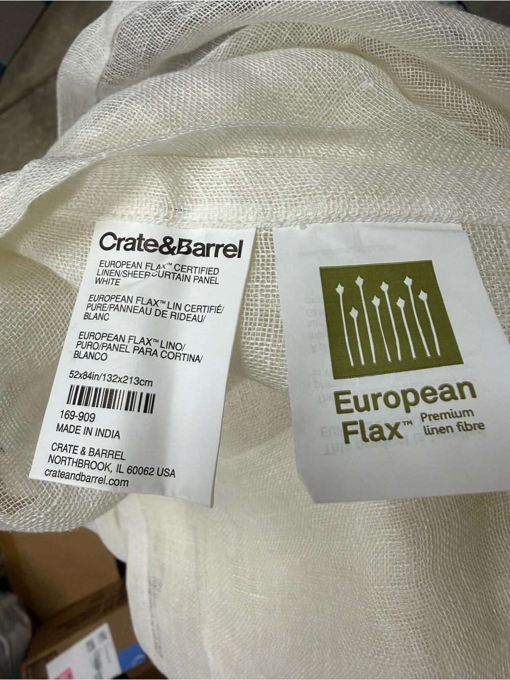Crate&Barrel White Linen-Sheer Window Curtain 52” x 84”